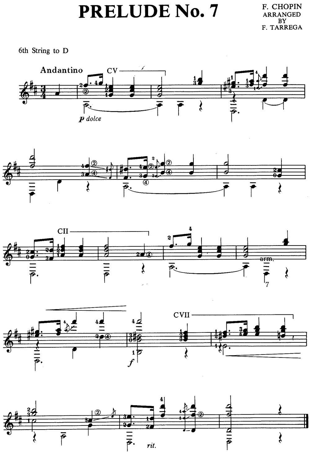 Chopin prelude no. 7 for classical guitar music notation