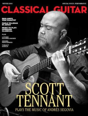 Scott Tennant playing a classical guitar with his eyes closed on the cover of Issue 384 of Classical Guitar magazine