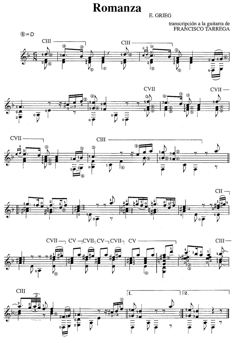 Grieg "romanza" classical guitar sheet music